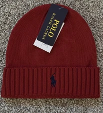 Polo Ralph Lauren Beanie Hat Knit Rib Brim Cuff Men Women Red Warm FREE SHIP
