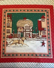 Christmas Panel Fabric Holiday Snow Scenes Red and Green Cotton Yardage