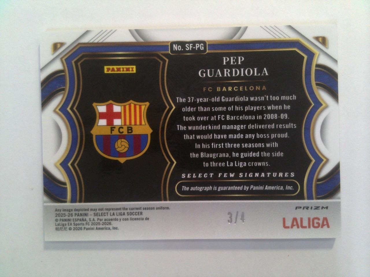 2025-26 Select LA LIGA Soccer - Tie-Dye Prizm - Autograph - Pep Guardiola #3/4 view 2