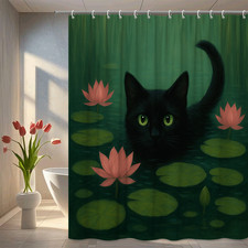 Cute Black Cat Shower Curtain with Pink Flowers