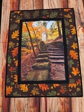 HANDMADE NEW QUILTED WALL HANGING Fall Autumn Thanksgiving trees leaves stairs