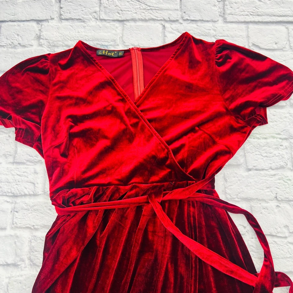 iHot Red Velvet Wrap Front Midi Dress Women's XL Holiday Formal Tie Waist - Image 2 of 4