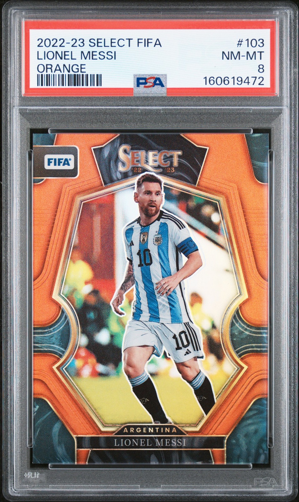 2022 PANINI SELECT FIFA ORANGE #103 LIONEL MESSI 50/60 PSA 8