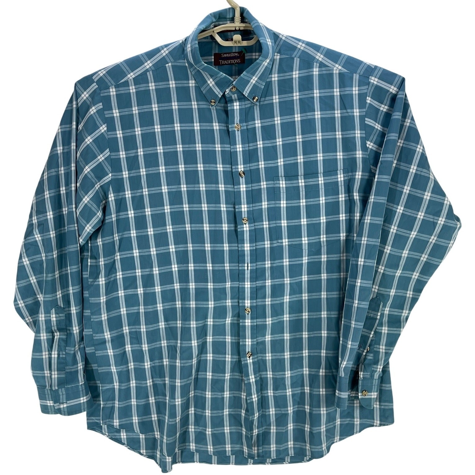 FILA Camicia uomo Savile Row con bottoni XL blu bianca a quadri maniche lunghe MANCA UN BOTTONE