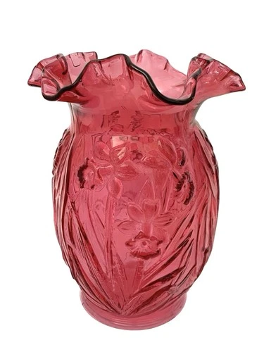 Fenton Cranberry Daffodil Vase Art Glass Pink Vintage Large 8" Ruffled Rim