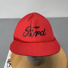 Vtg 80s Ford Script Trucker Hat Red Canvas Mesh Snapback Made In USA Cap