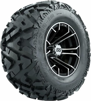 Set of 4 GTW 10'' Spyder Machined/Black Golf Cart Wheels on 20'' Barrage Mud Tires
