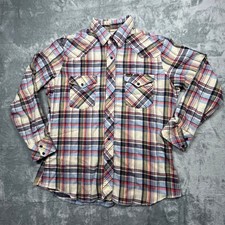 Vintage 80's Wrangler Flannel Shirt Mens Red Blue Plaid Pearl Snap Cotton USA L