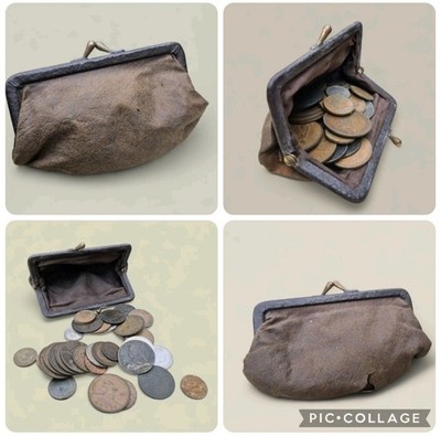  Vintage Lederverschluss Geldbörse mit alten britischen Vordezimal & ausländischen Münzen