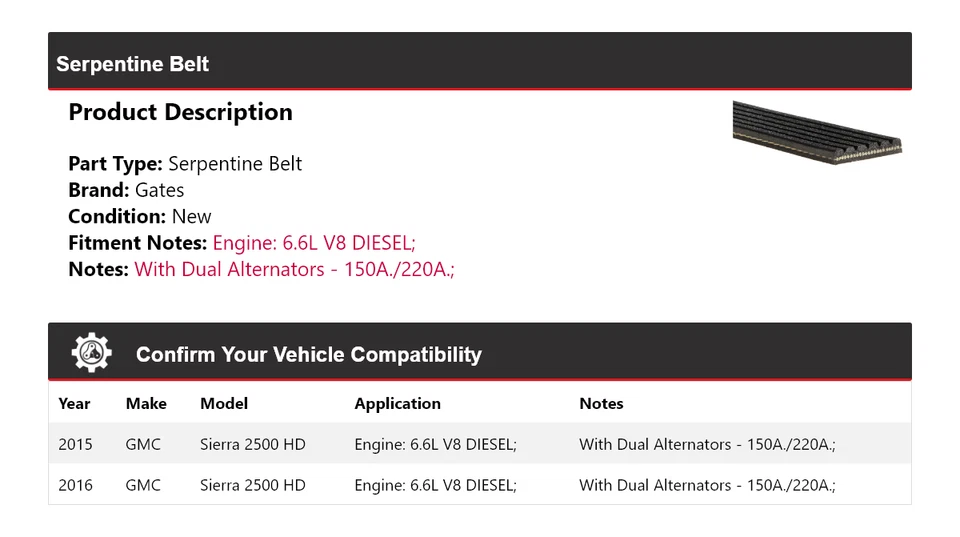Ременные ворота со змеевиком для GMC Sierra 2500 HD 6,6 л V8 2015-2016 годов выпуска - Изображение 2 из 4