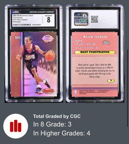 1997 Bowman’s Best Techniques Allen Iverson Refractor #T9 NBA HOF CGC 8 NM/MINT