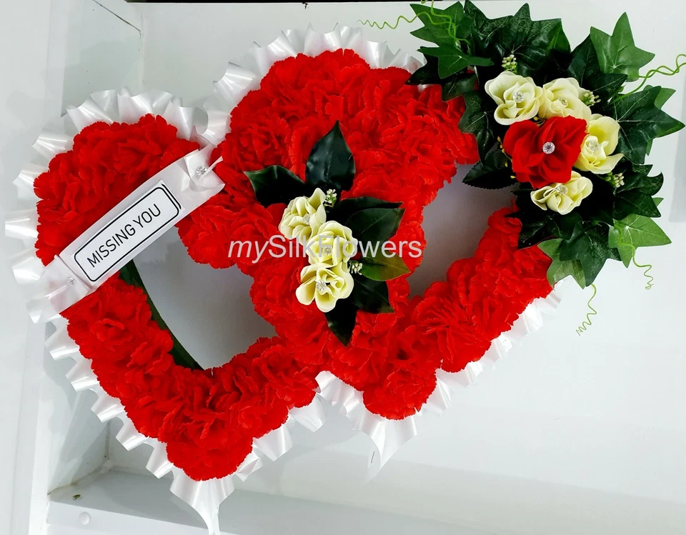 MYSILKFLOWERS ARTIFICIAL SILK FUNERAL DOUBLE OPEN HEART WREATH TRIBUTE FLOWER MEMORIAL NAN MUM