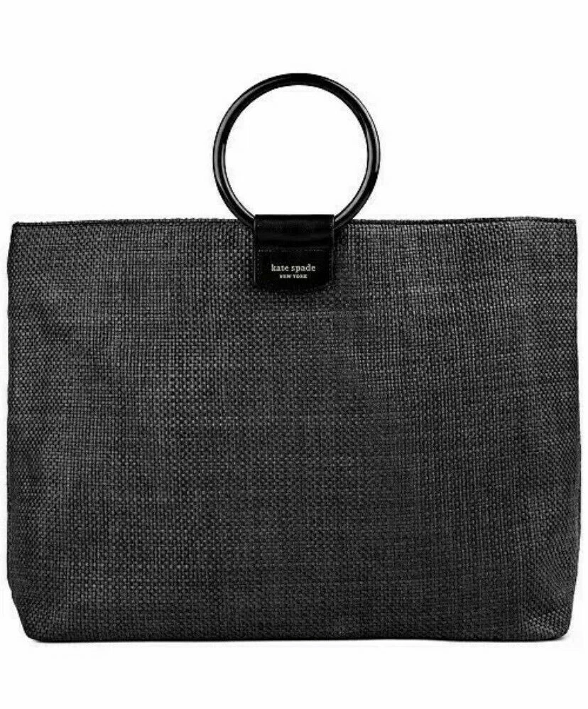 Kate Spade New York borsa tote nera portatutto bracciale shopping maniglie ad anello nuove con etichette
