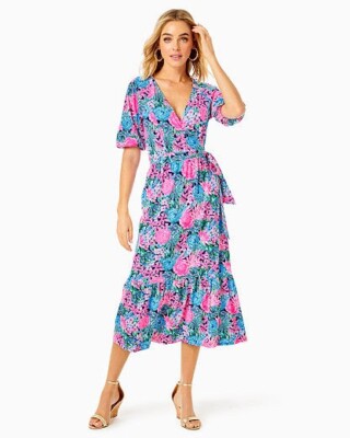 lilly pulitzer brantley midi wrap dress Lilly Pulitzer NWT Brantley Midi Wrap Dress Navy Always Be Blooming $228  Size L