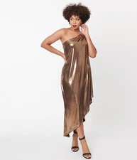 NWT Unique Vintage Bronze Metallic One Shoulder Lucretia Fitted Dress Size 3X