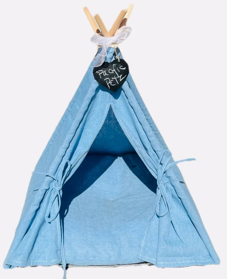 Pet Teepee Dog & Cat Tent Bed w/Cushion & Chalkboard, Cotton, Blue - Image 3 of 4