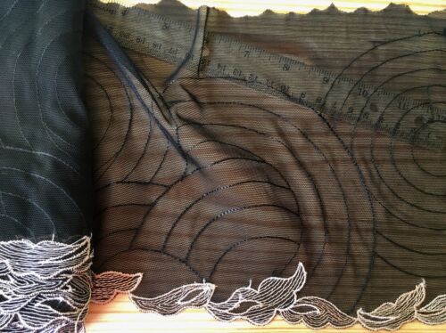 Black Embroidered Lace Trim with Black Mesh for Sewing/Crafts/Bridal/7.5" Wide - Picture 4 of 7