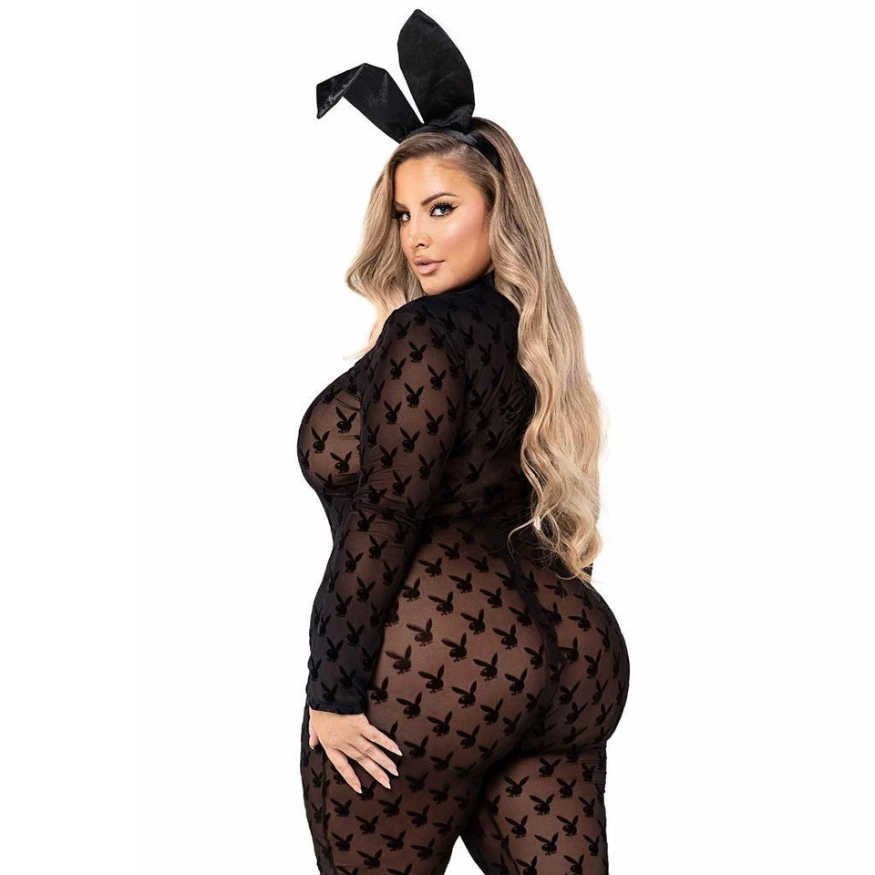 Playboy Conejito Catsuit Transparente Flocado Logo Cremallera Orejas de Conejo Conjunto de Disfraz PB112 Foto 4 de 4