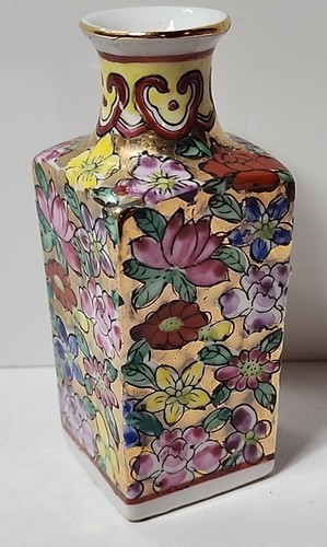 Japanese Porcelain 3.5" Vase Asian Floral Hand Painted Flowers Square - Picture 4 of 8