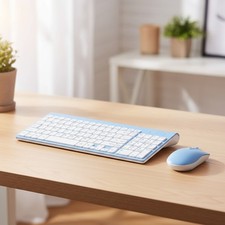 Compact Full Size Wireless Keyboard and Mouse Set - Sleek Baby Blue Design