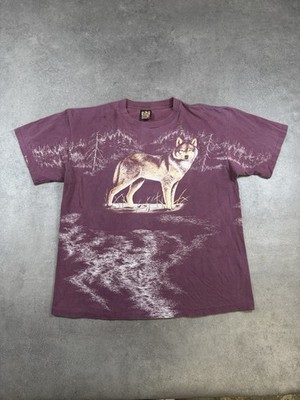 VINTAGE 90S SINGLE STITCH 3D EMBLEM WOLF ANIMAL PRINT T SHIRT RED SIZE XL