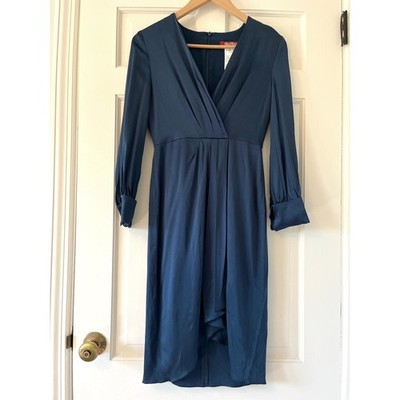 Max Mara Studio Envers Satin Draped Long Sleeve Dress Navy US 2 EU 34