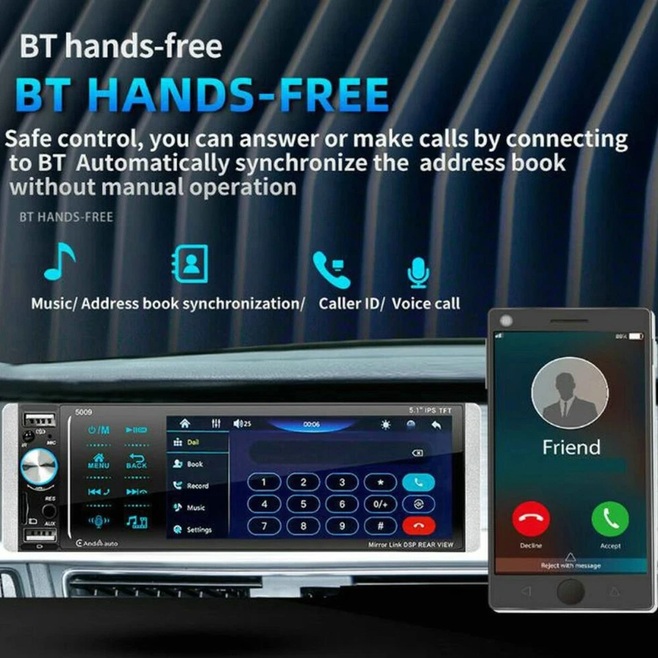 5.1"Single 1 Din Car Stereo Radio MP5 Player Bluetooth Touch Screen Carplay FM - Image 2 of 4