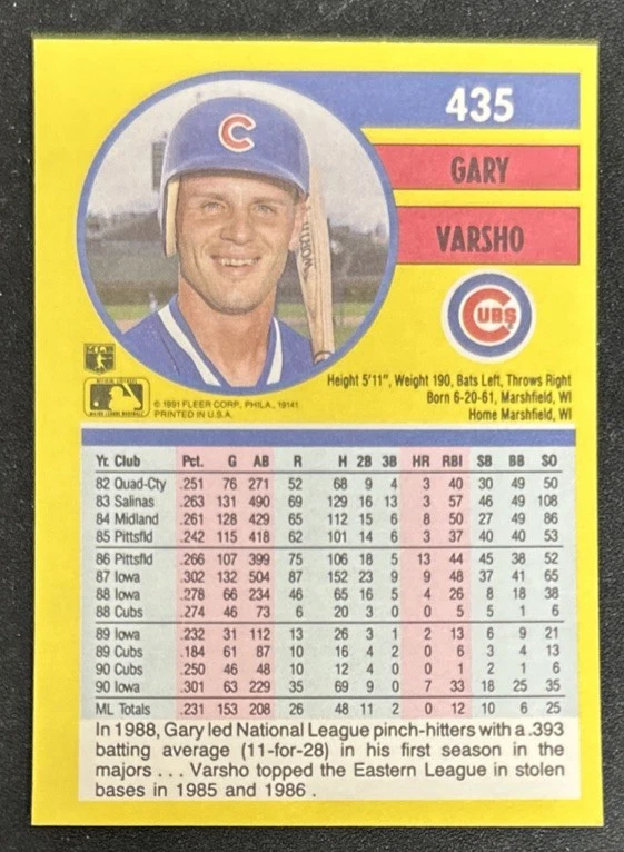 1991 Fleer Gary Varsho Baseball Card #435 Cubs OF VG O/C - Image 2 of 2