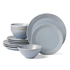 12-Piece Artisanal Blue Stripe Stoneware Tableware Set Dinner Salad Plates Bowls