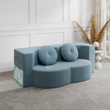 Modern Sofa w 2 Pillows,Convertible Plush Corduroy Foam-Filled Sleeper Sofa Blue