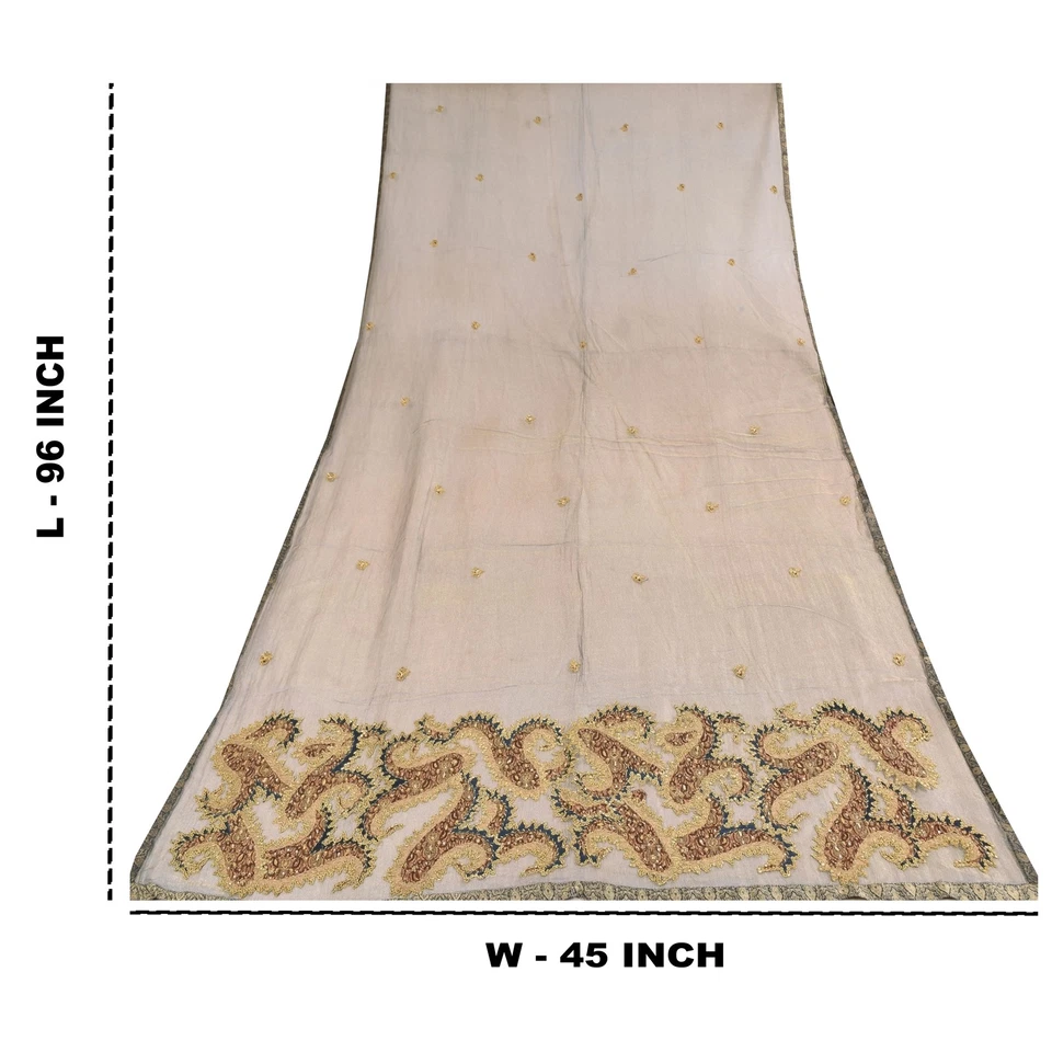 Sanskriti Vintage Gray Dupatta Long Stole Net Hand Beaded Zardozi Wrap Scarves   - Image 3 of 4