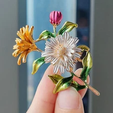 Vintage Enamel Flower Bouquet Brooch Floral Gold Leaf Pin Summer Gift Jewelry