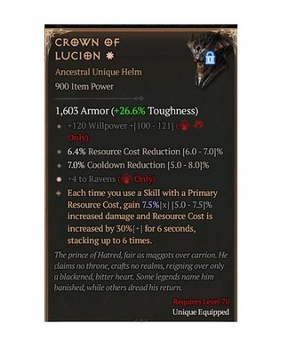 Diablo 4 Season 14 Crown Of Lucion 1GA 7.5% Ravens Unique Helm Gear Equipment
