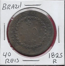 BRAZIL 40 REIS (2 VINTENS)1825-R EMPEROR PETER I LIBERATOR,BOUGHS FLANKING CROWN