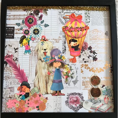 Retro 1970s Greeting Card Groovy Kids Framed Handmade Collage Wall Decor Art