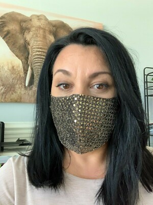 Premium Gold Black Polka Dot Sequin Face Mask Metallic Shiny Sparkle Glam Glittr