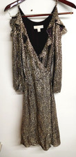 Michael Kors Women's Gold & Brown Pattern Cold Shoulder Belted Wrap Dress 2 NEW