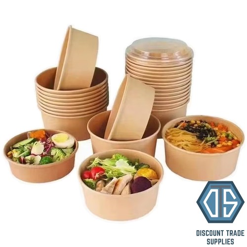 Kraft Disposable Round Paper Takeaway Bowls with Lids Hot Food Deli Salad - Picture 3 of 7