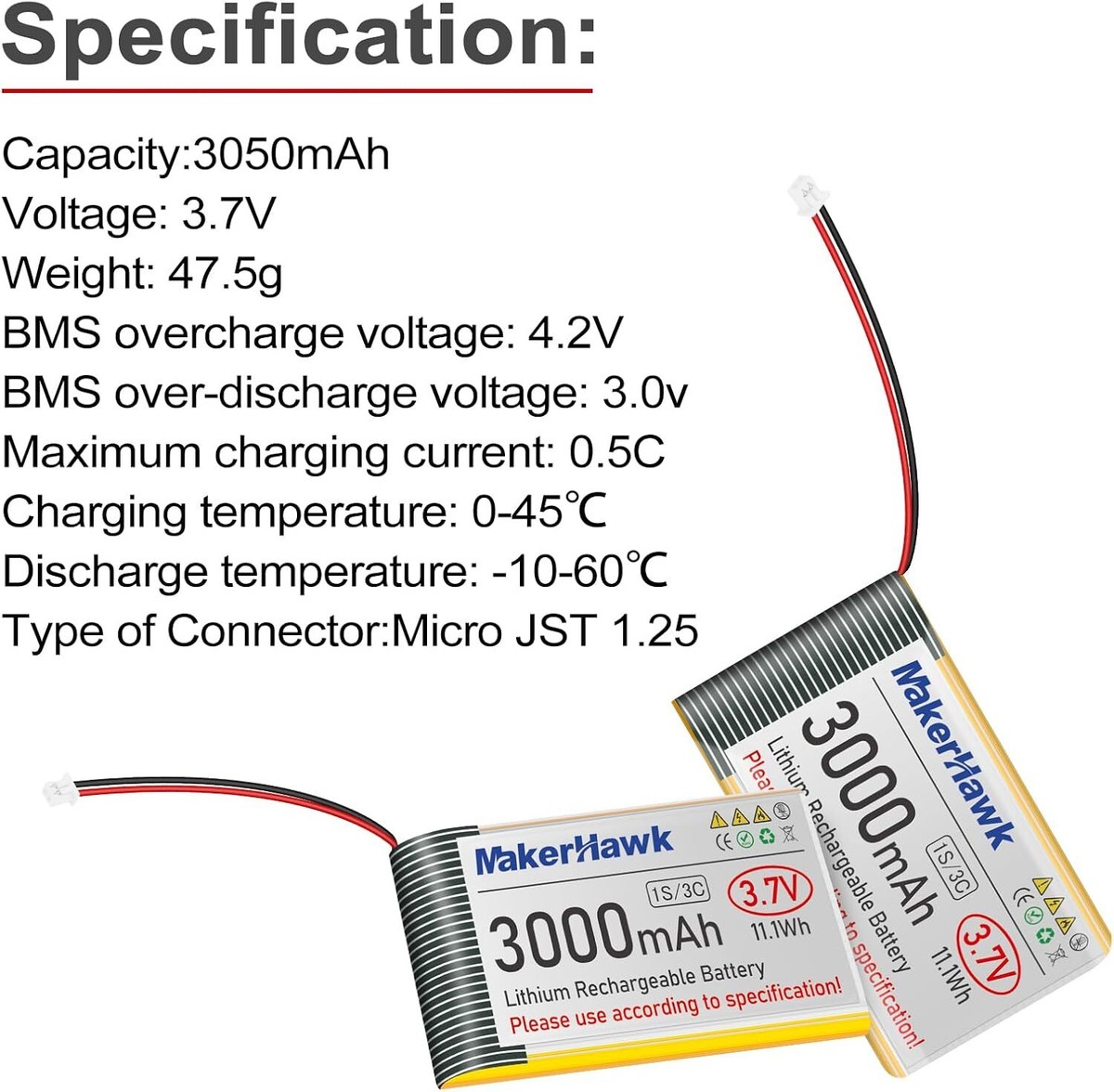 2PCS 3000mAh 1S Lipo Lithium Rechargable Battery 3C Micro JST