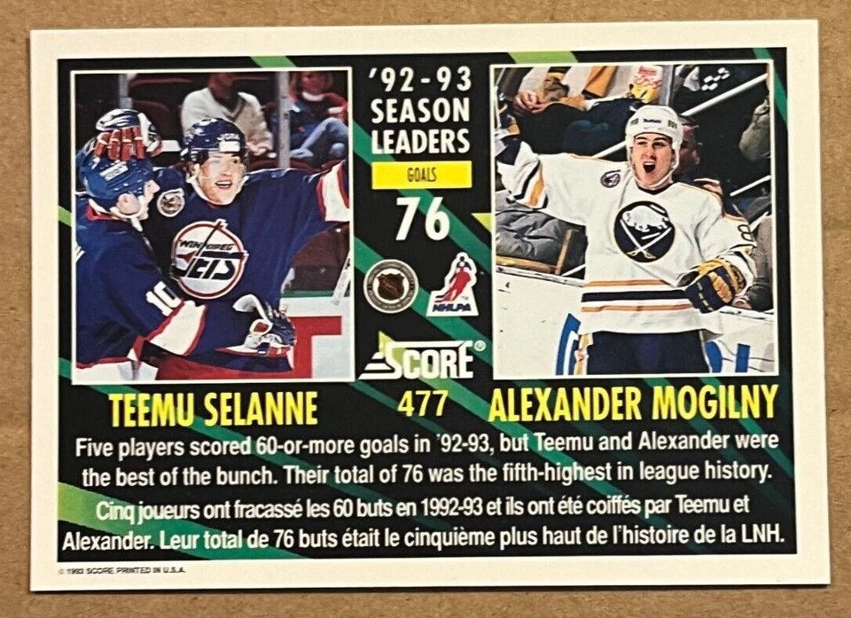 1993-94 SCORE - SEASON LEADERS GOALS - SELANNE / MOGILNY #477 - Image 2 of 2