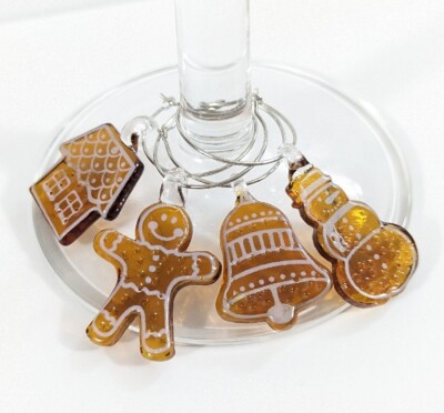 Gingerbread cookie Christmas themed Wine glass Charms Set Of 4 - glass charms