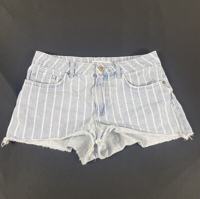 Zara Basic Women Blue Striped Cut Off Denim Shorts Size 6