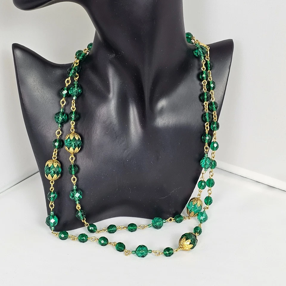 Изумрудно-зеленое стеклянное ожерелье из бисера золотые акценты элегантные ювелирные изделия заявление изделие - Изображение 2 из 4