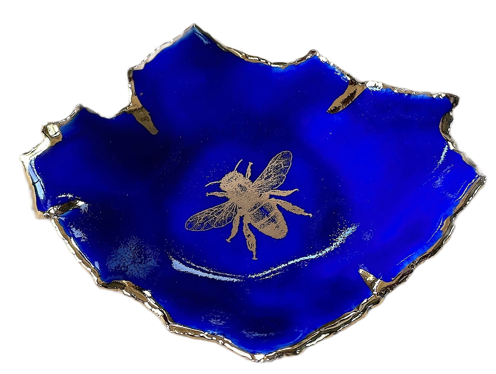 Ceramic Royal Blue and Gold Bee Ring Dish, Handmade Jewelry Plate, Gift for M...