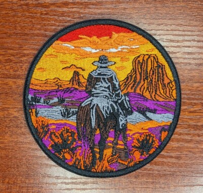 Horseback Cowboy Patch Mountain Trail at Dawn Western Embroidered Iron On 3.5''