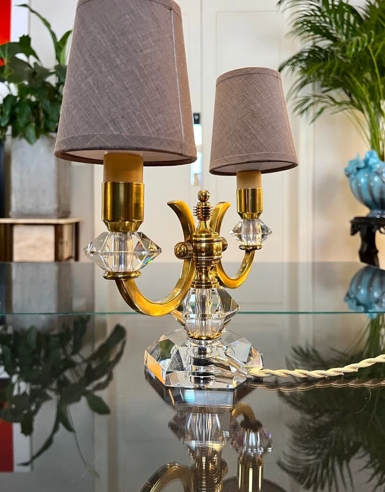 Lampe Art Déco En Cristal Et Laiton - Luminaire 1930 - 1940 - Abat-jours - Photo 4/4