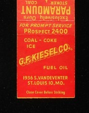 1940s Paramount Stoker Coal G. F. Kiesel Co. Coke Ice Oil St. Louis MO Matchbook