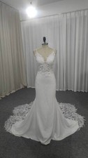 Spaghetti Strap Mermaid Wedding Dresses v-Neck Lace Backless Bridal Gowns Train