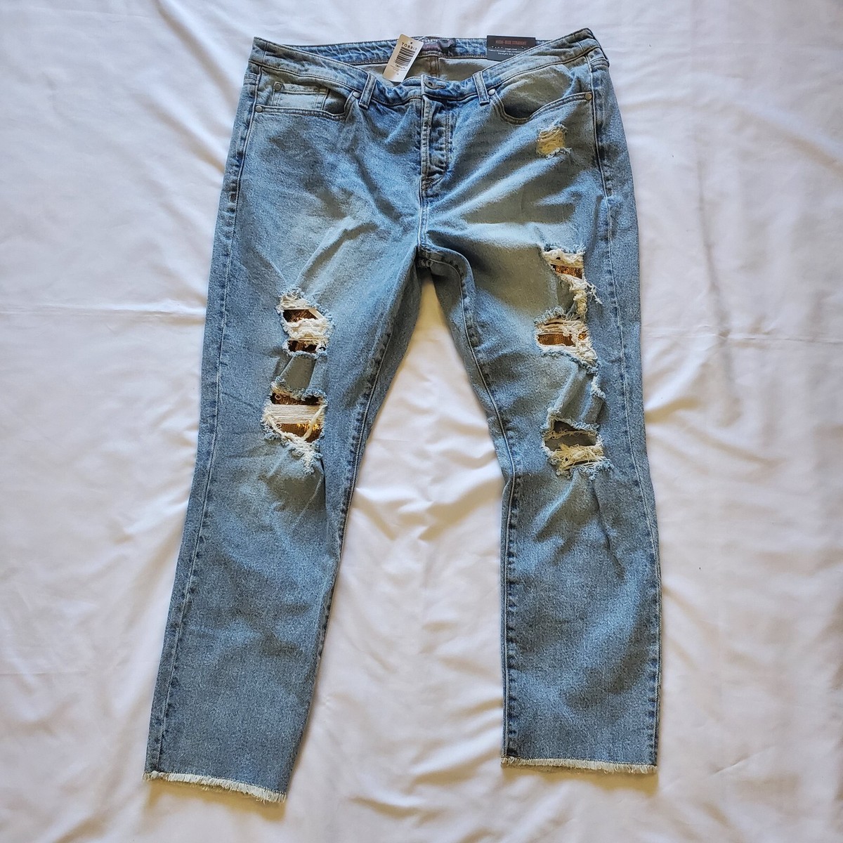 Sz 16R Torrid High Rise Straight Leg Stretch Gold Sequin Ripped