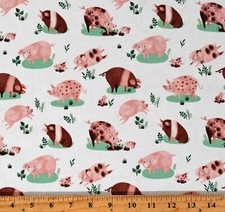 Cotton Pigs Piglets Playing in the Mud Farm Animals Fabric Print by Yard D367.54